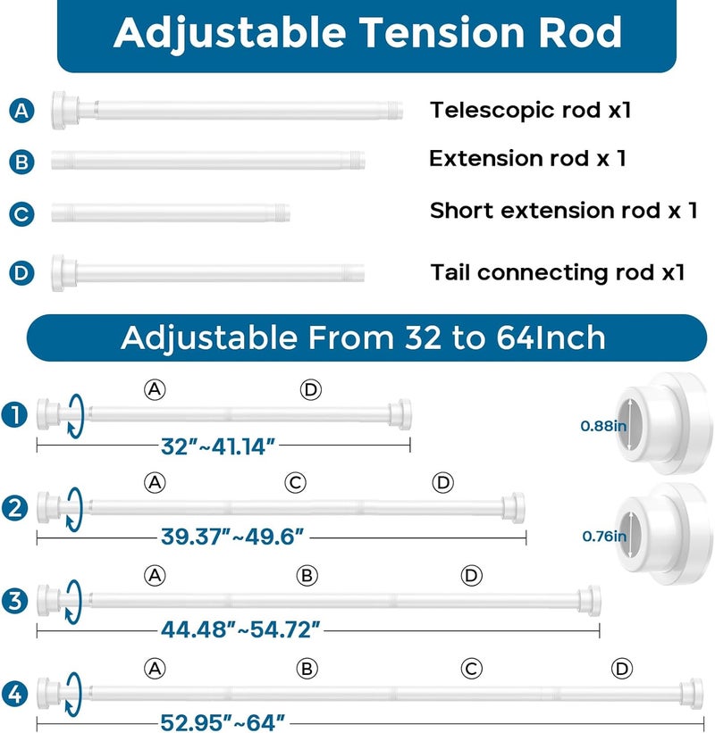 AIZESI 32-64 Inch Tension Curtain Rod No Drilling White Spring Loaded Curtain Rods Adjustable Tension Rod for Window Bathroom Doorway Closet Storage - Image 2